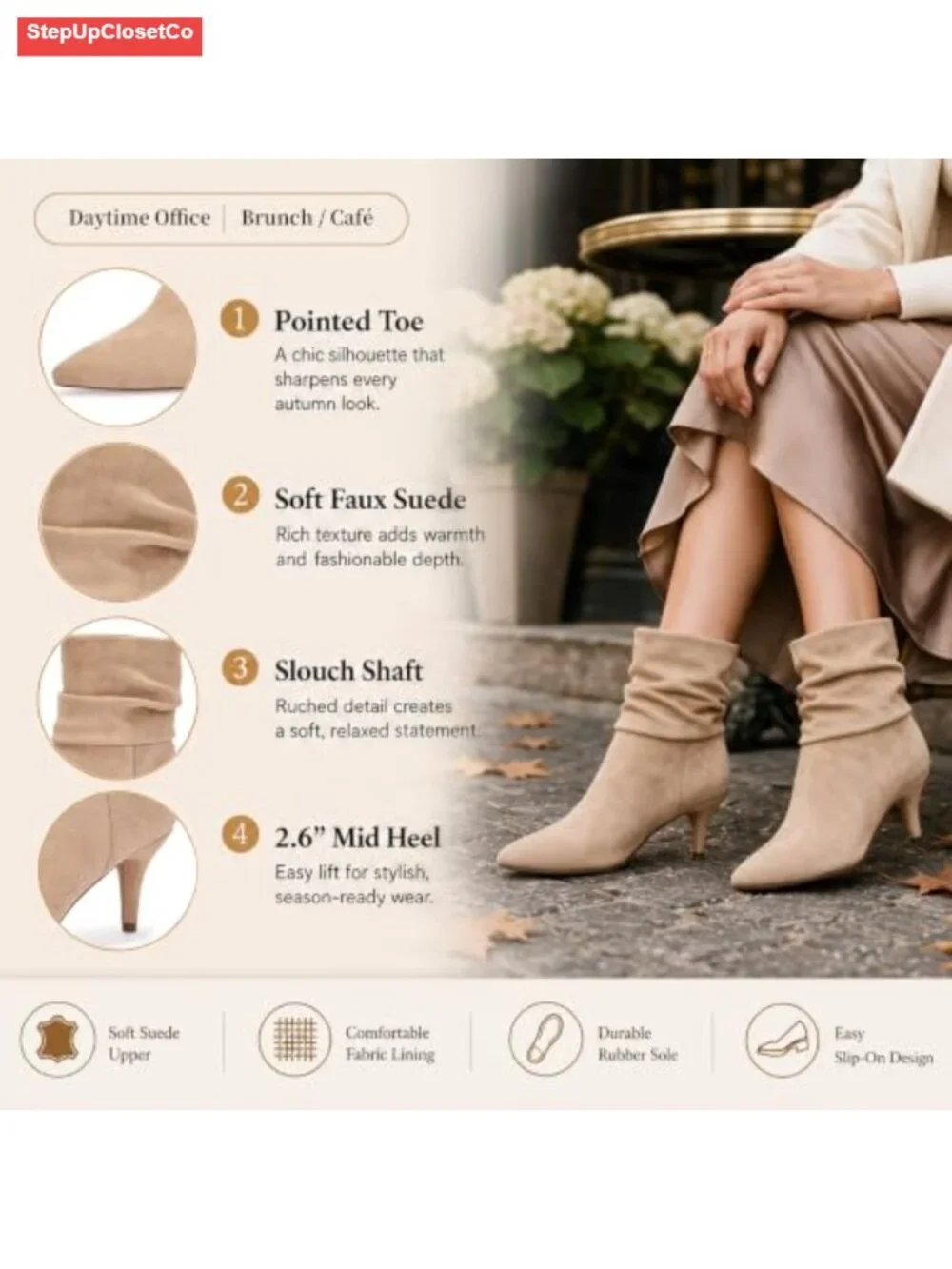 Slouch Ankle Boots Pointed Toe Mid Heel Dress Booties Suede Microfiber Slip-On